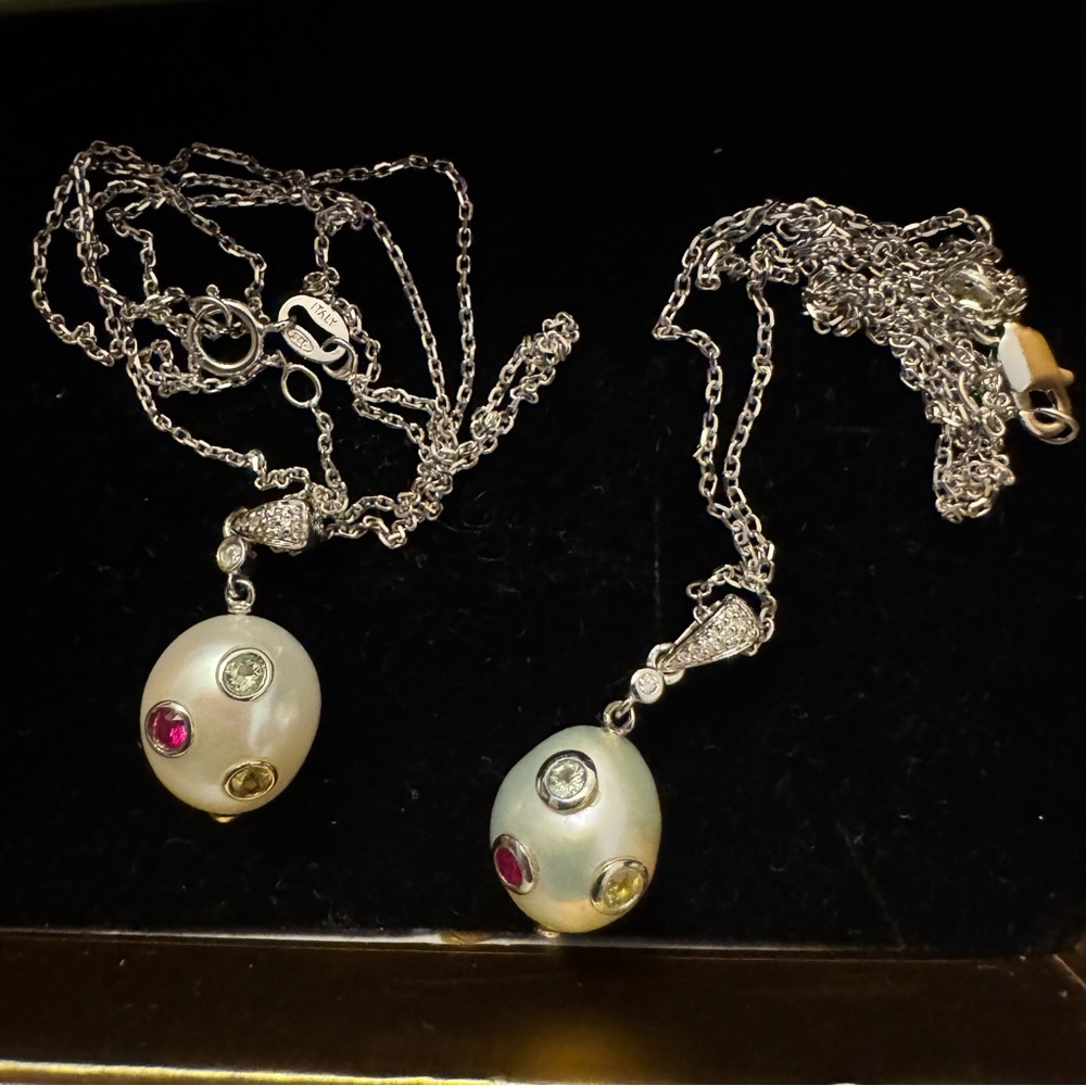 Sterling Silver Pearl Pendant Necklace with Multi-Colored Gem Accents - White